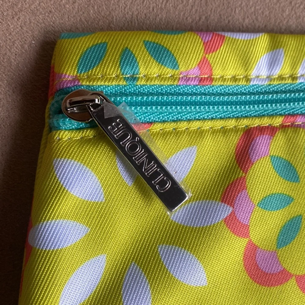 Clinique Lime Green & Teal Flower Cosmetic Makeup Travel Bag NWOT